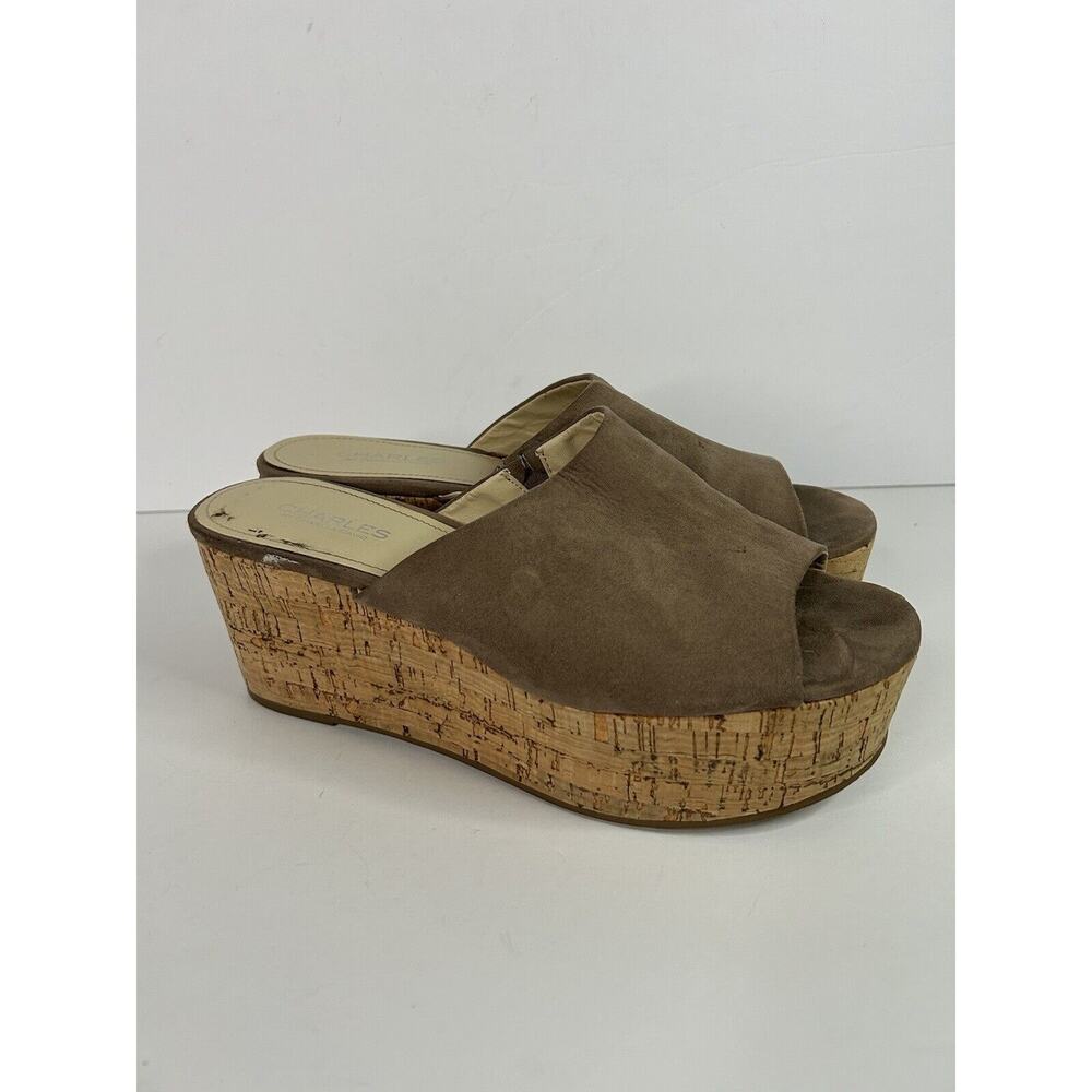 Charles David Women's Tan Cork Peep Toe Slip-On Wedge Sandals Size 9.5M